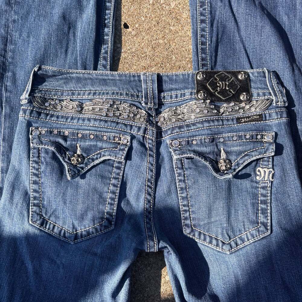 y2k miss me low rise angel wing bootcut jeans